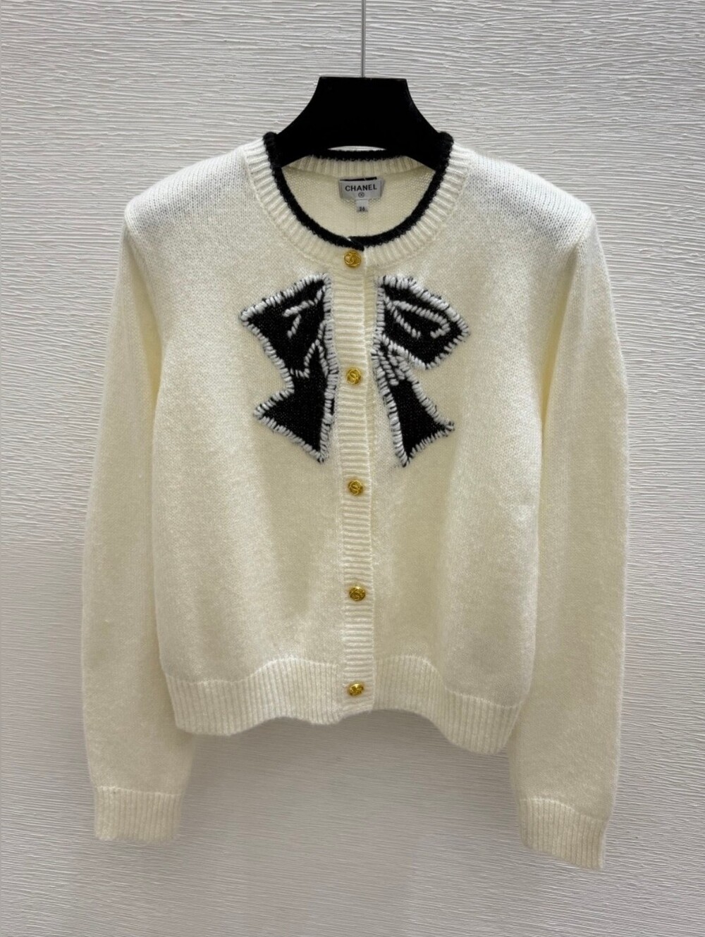 Chanel Cream Knit Cardigan with Black Bow Detail Size36